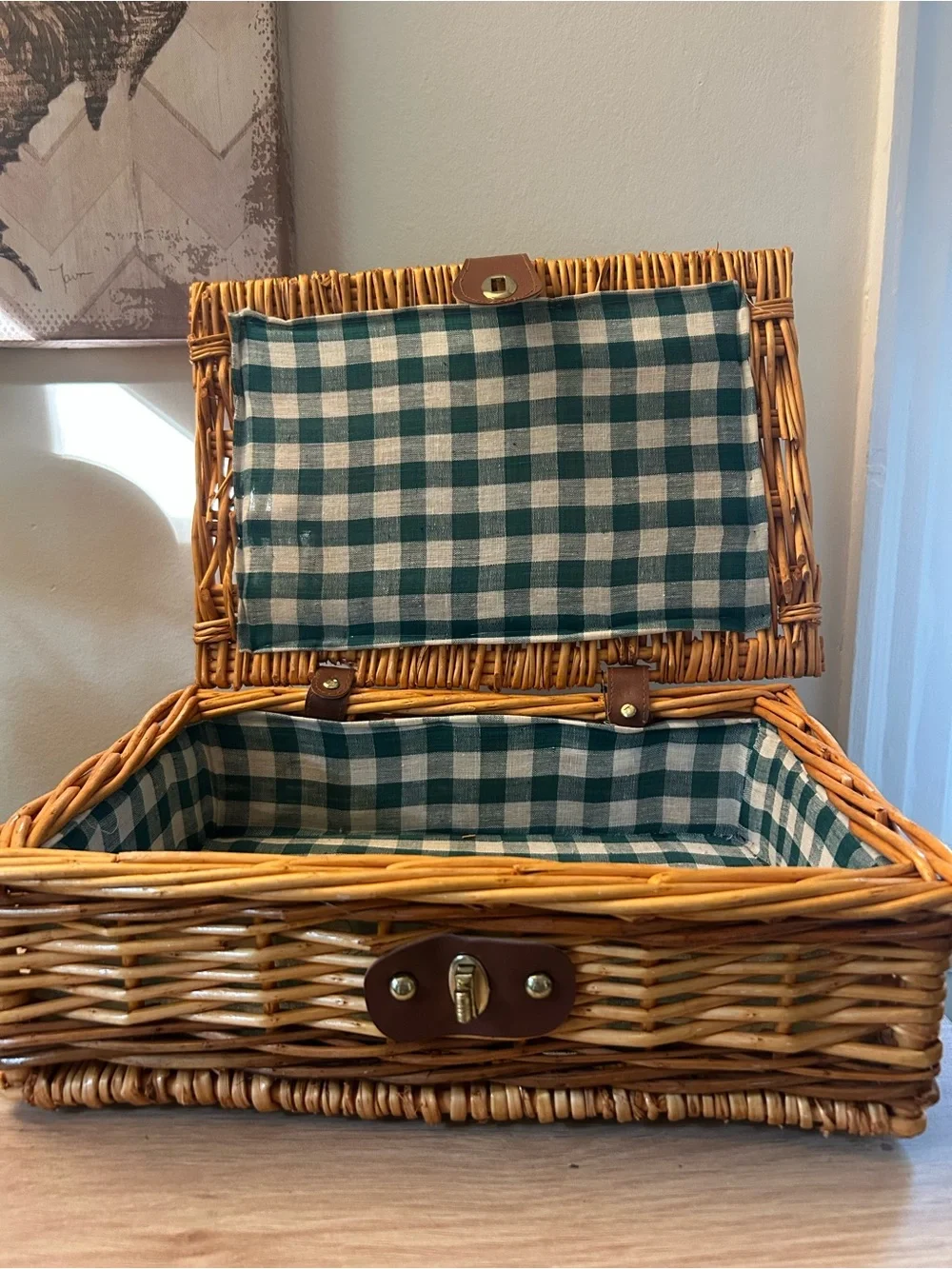 Woven Rattan Picnic Basket with Green Check Lining